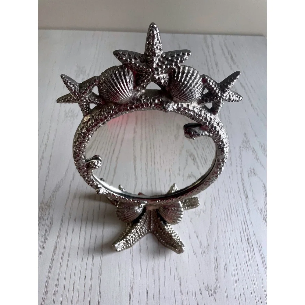Nautical Beach Starfish Seashell Vanity Mirror Desk Decor Silver Tone Metal‎ 6.5